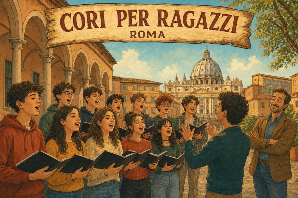 Illustrazione: un coro di ragazzi canta nel cortile di un liceo romano, con la cupola di San Pietro sullo sfondo