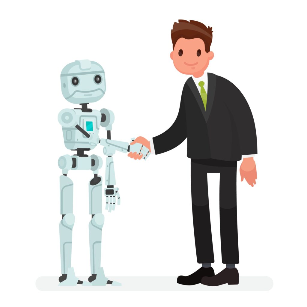 Maker Faire Rome 2026: l’innovazione torna al Gazometro Ostiense Handshake of man and robot. The concept of partnership between humanity and robotic technology and artificial intelligence. Vector illustration in a flat style